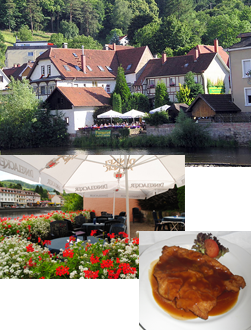 Collage aus dem Jockers Gasthof: das Haus, die Terrasse und Gerichte aus der Küche