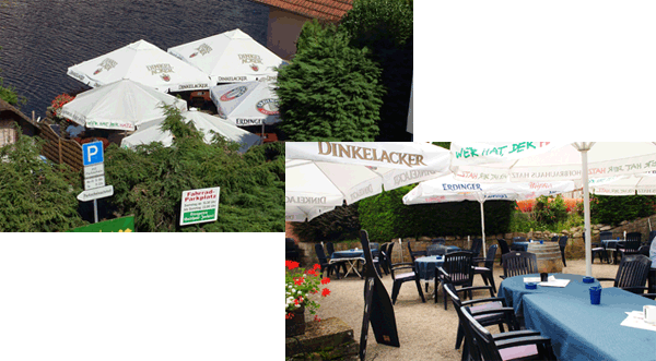 Collage vom Biergarten an der Murg mit Sonnenschirmen, Blumen und dem Fluss